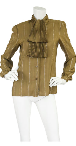1980s Olive Silk & Gold Metallic Ascot Blouse