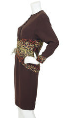 1980s Silk Chiffon Leopard Print & Brown Crepe Dress