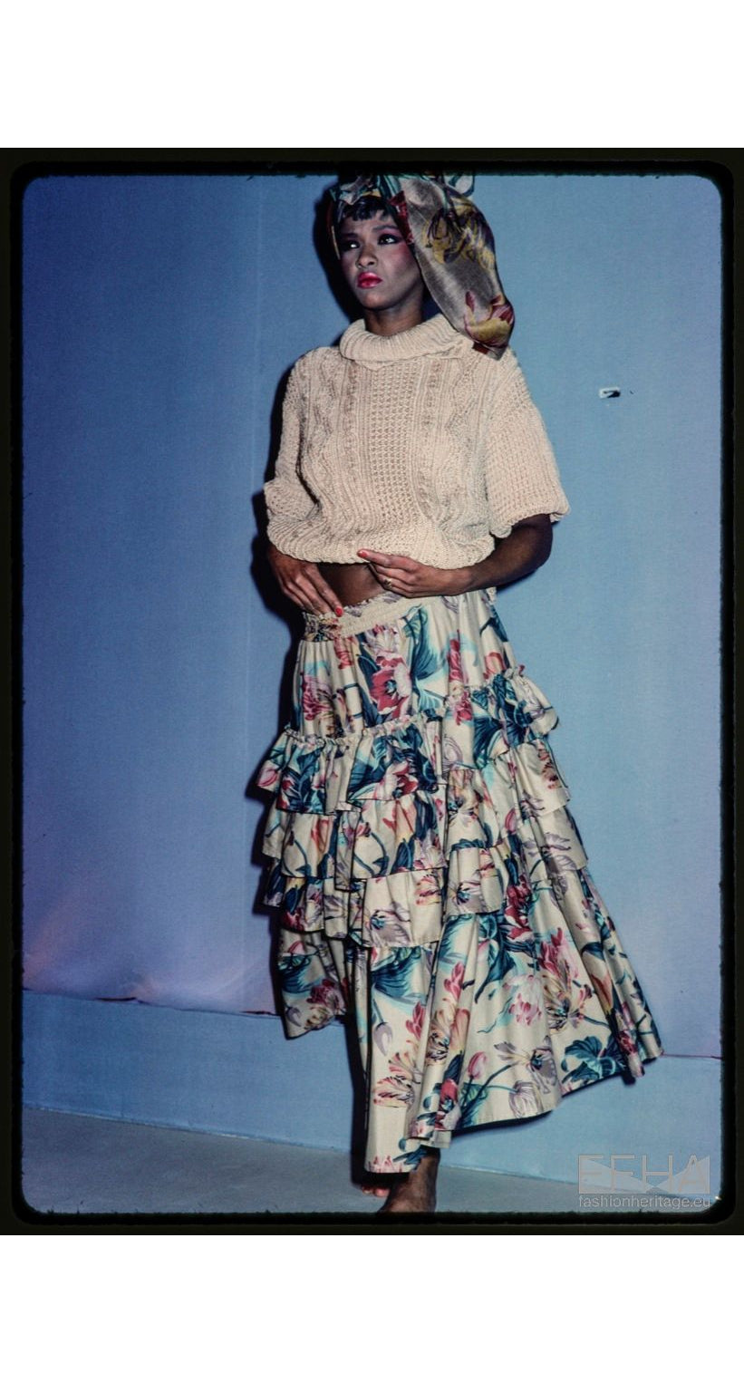 1982 S/S Tulip Print Beige Cotton Midi Dress