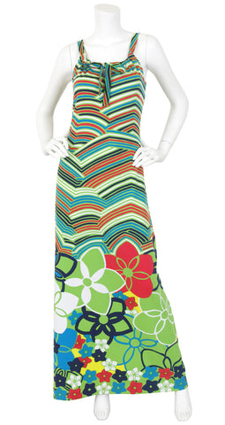 1973 Documented Floral Pop Art Jersey Maxi Dress