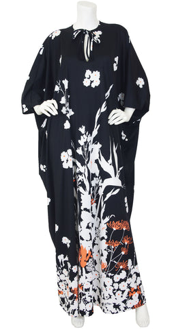 1970s Black & White Floral Jersey Caftan