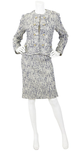 1970s Pearl Button Navy & Cream Boucle Suit