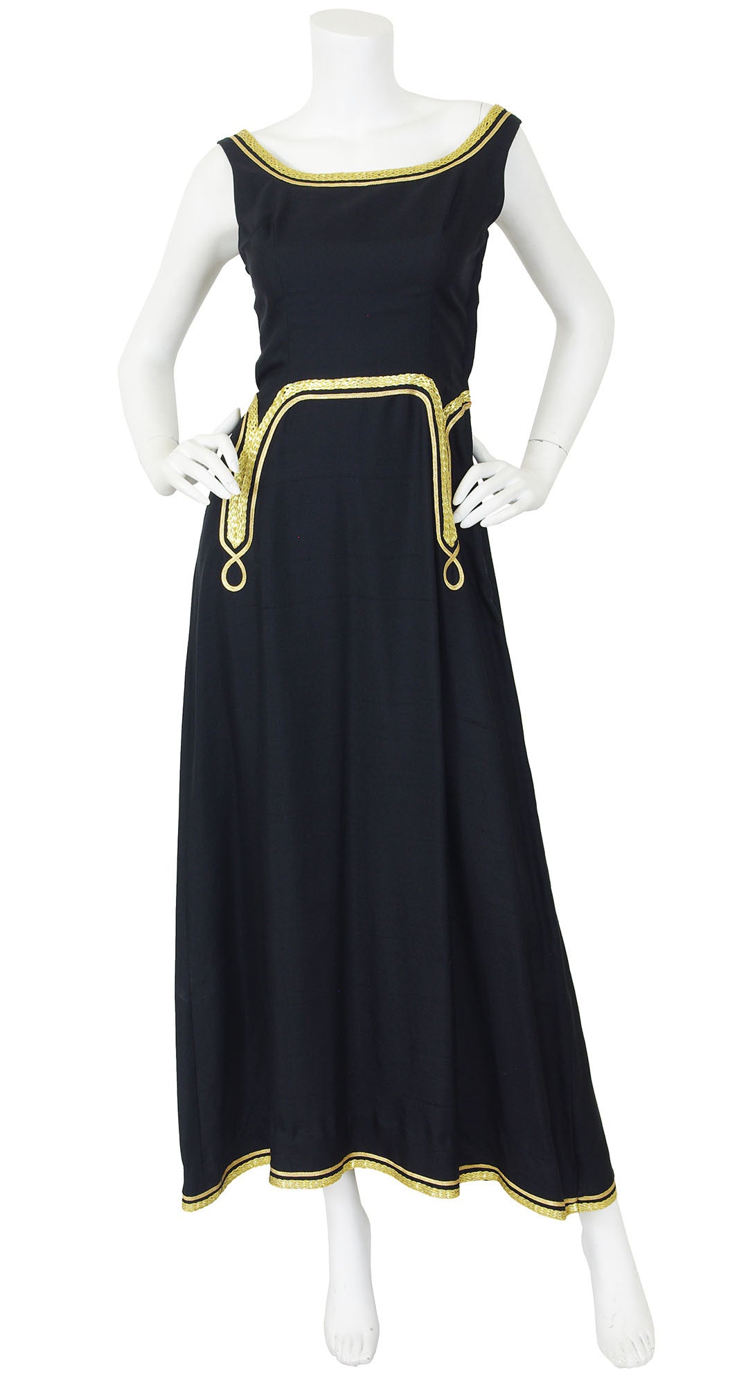 1960s Egyptian Revival Gold Metallic & Black Raw Silk Gown
