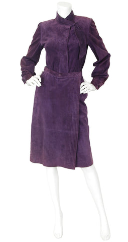 1970s Dark Purple Suede Blouse & Wrap Skirt Set