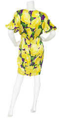 1980s Yellow Rose Floral Silk Bias Dress