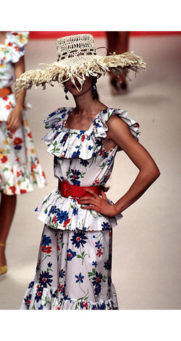 1996 S/S Floral White Quilted Cotton & Wool Pencil Skirt