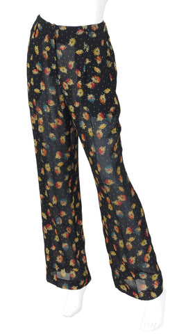 1990s Floral Black Chiffon High Waisted Wide-Leg Pants