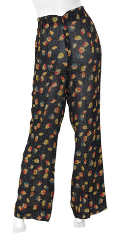 1990s Floral Black Chiffon High Waisted Wide-Leg Pants