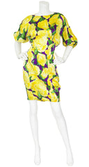 1980s Yellow Rose Floral Silk Bias Dress