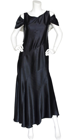 1920s 1930s Capelet Black Silk Satin Bias Evening Gown