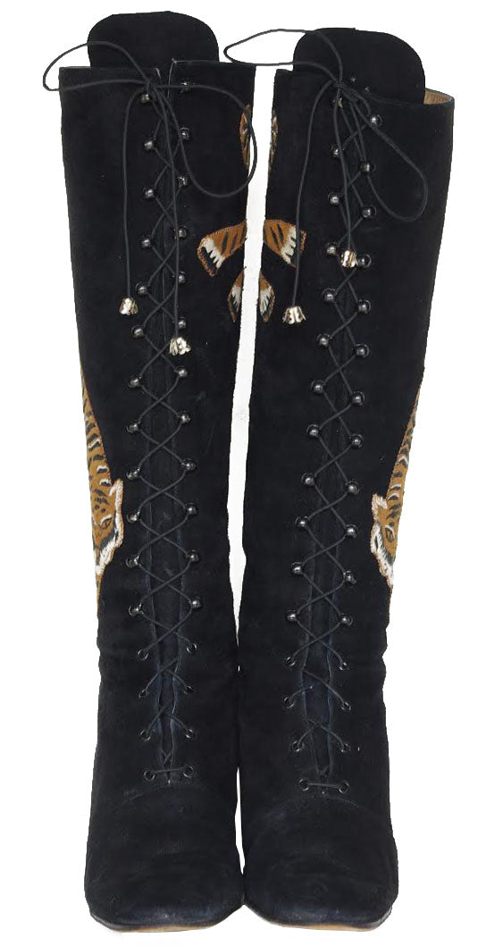c. 1970 Embroidered Tiger Black Suede Lace-Up Boots