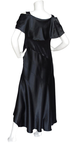 1920s 1930s Capelet Black Silk Satin Bias Evening Gown