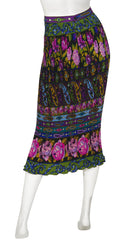 1990s Paisley & Rose Print Wool Crepe Pleated Midi Skirt