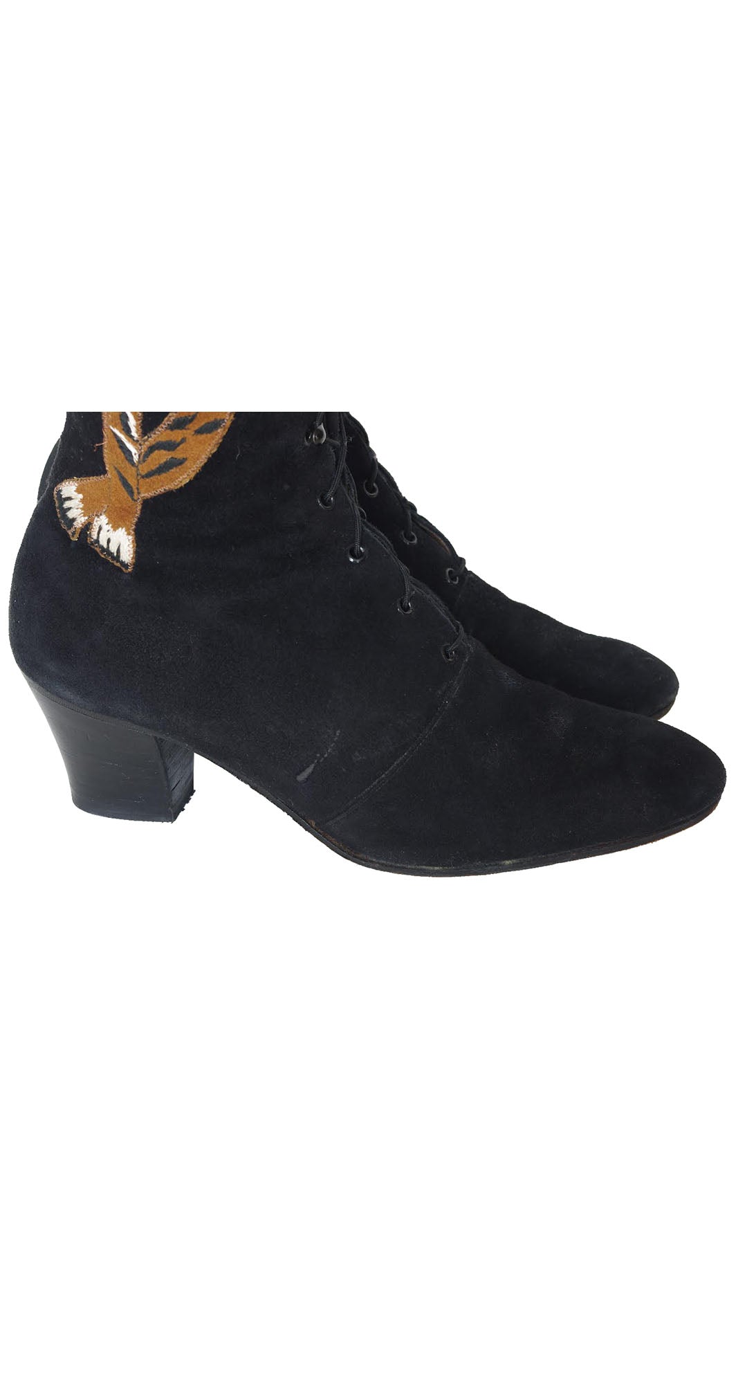 c. 1970 Embroidered Tiger Black Suede Lace-Up Boots