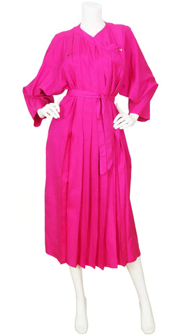 1980s Pleated Hot Pink Raw Silk Dress