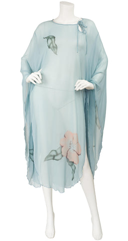 1970s Airbrushed Blue Rayon Chiffon Kimono Sleeve Caftan