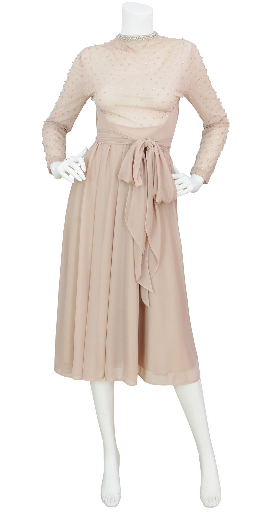 1970s Vintage Seductive Beaded Nude Chiffon Evening Dress Featherstone Vintage 1970s Vintage Seductive Beaded Nude Chiffon Evening Dress Featherstone Vintage