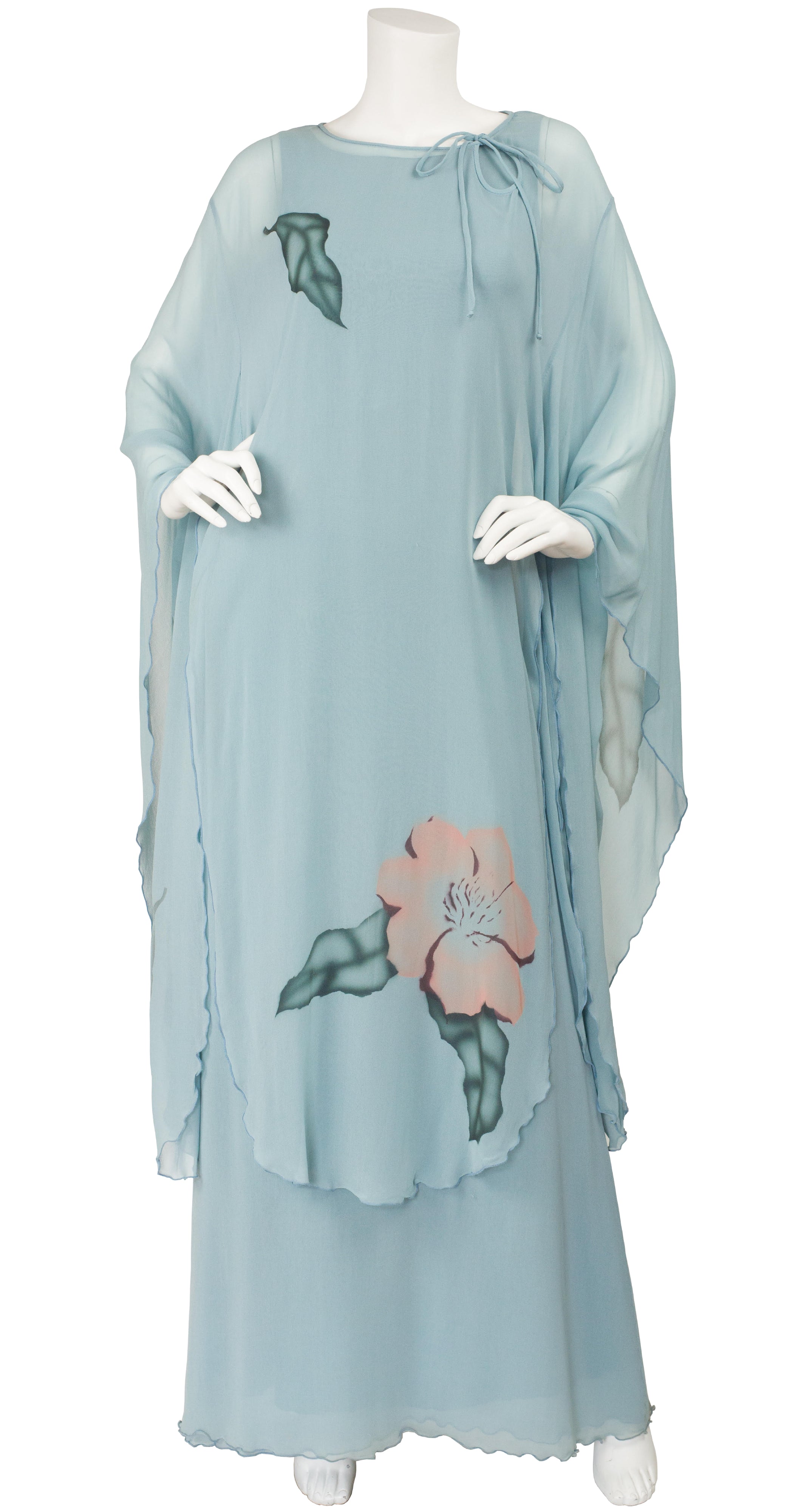 1970s Airbrushed Blue Rayon Chiffon Kimono Sleeve Caftan