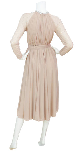 1970s Seductive Sheer Bust Beaded Nude Chiffon Evening Dress