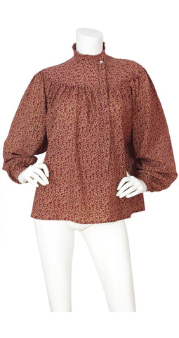 1970s Burgundy Wool Challis Voluminous Sleeve Blouse