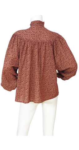 1970s Burgundy Wool Challis Voluminous Sleeve Blouse