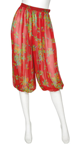 1973 Red Floral Silk Chiffon Harem Pants