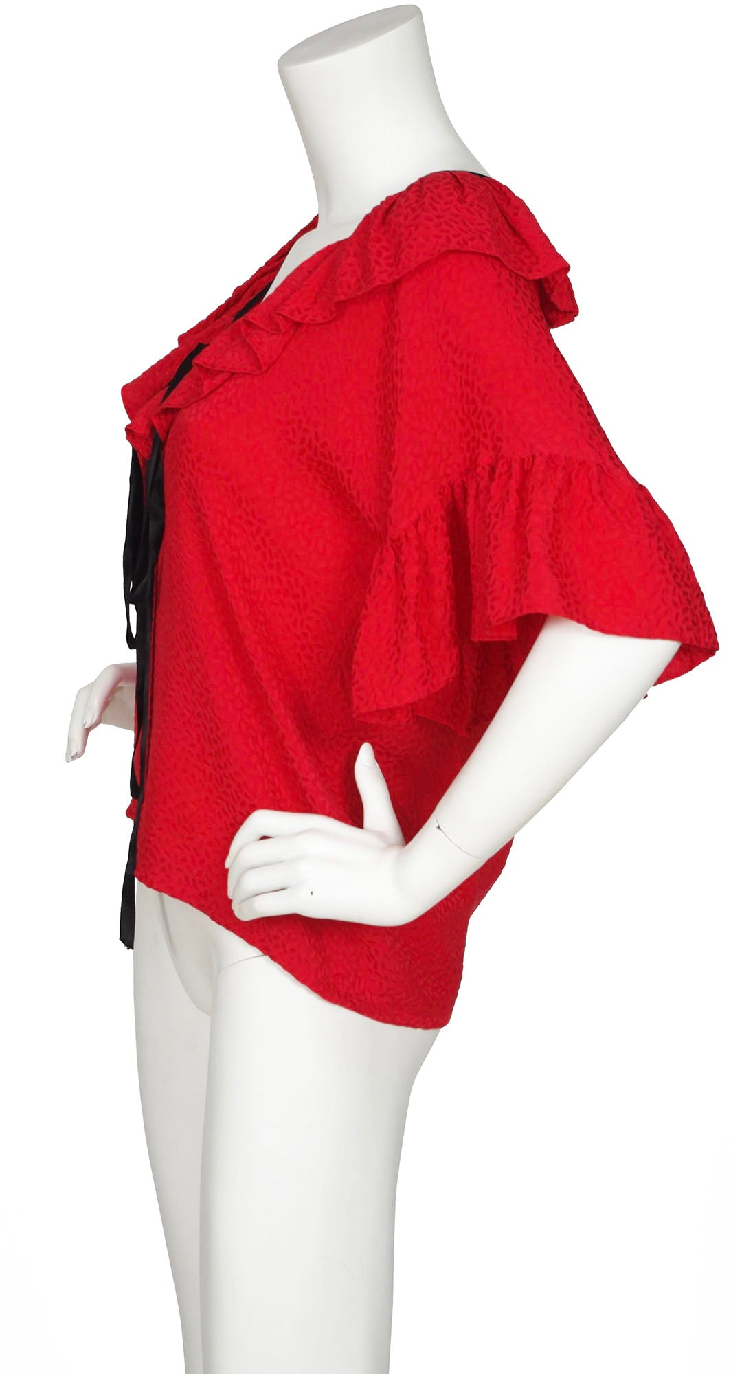 1970s Flamenco Red Silk Ruffle Blouse