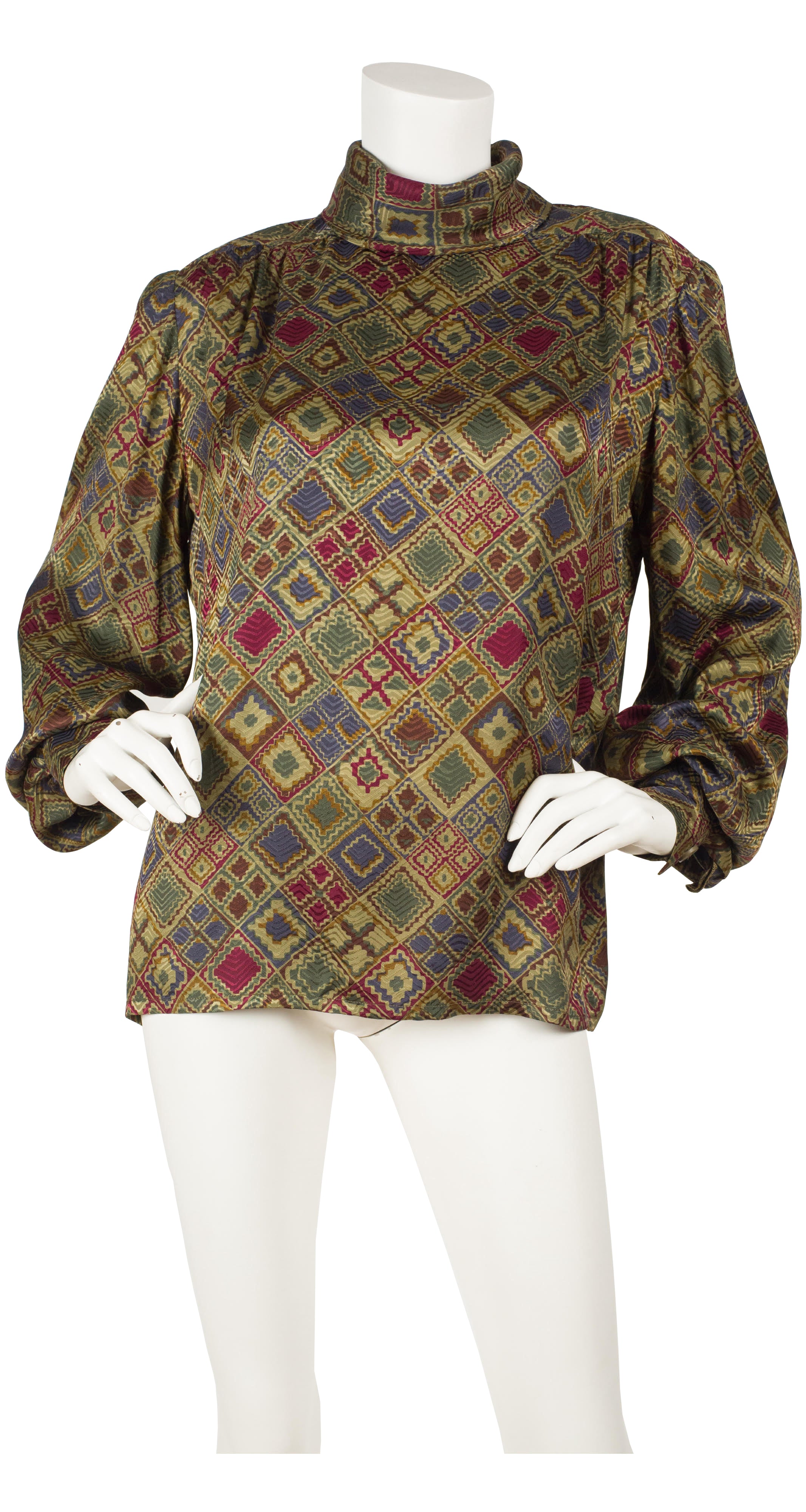 1980s Numbered Balloon Sleeve Jacquard Silk Blouse