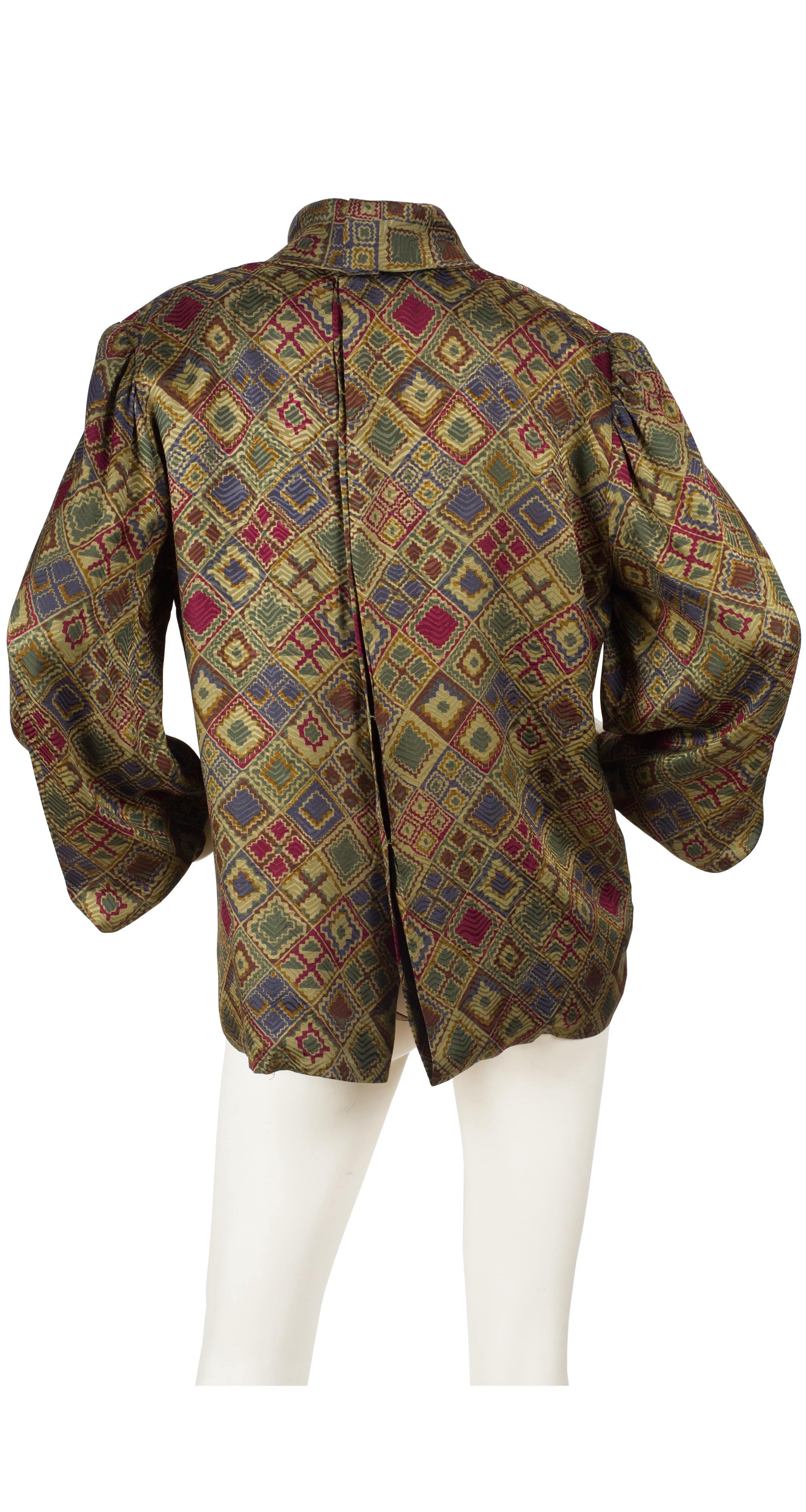 1980s Numbered Balloon Sleeve Jacquard Silk Blouse
