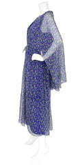 1970s Blue Floral Silk Chiffon Caftan Maxi Dress