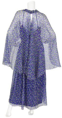 1970s Blue Floral Silk Chiffon Caftan Maxi Dress