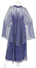1970s Blue Floral Silk Chiffon Caftan Maxi Dress