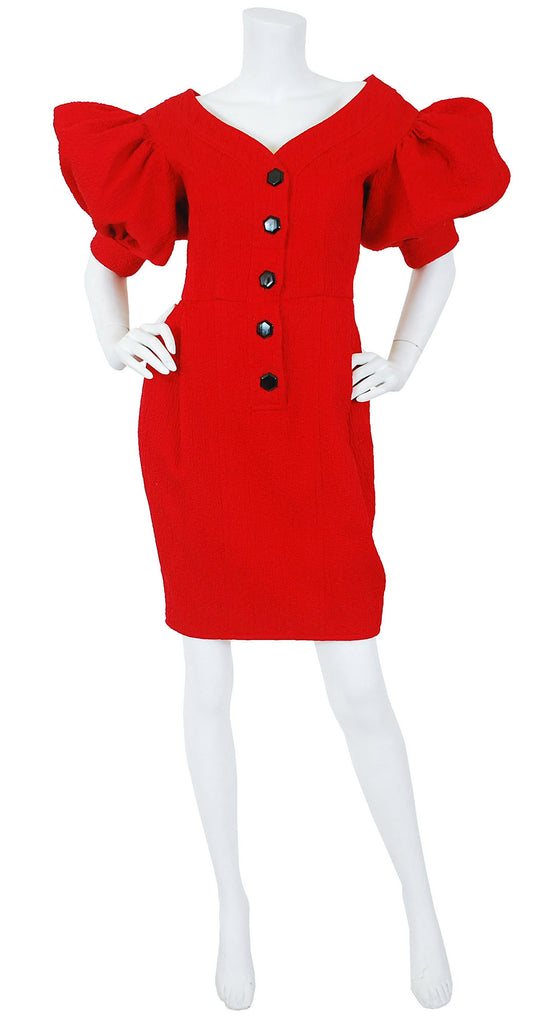 red dress puff sleeves 1980's Red Cotton Puff Sleeve Evening Dress – Featherstone Vintage