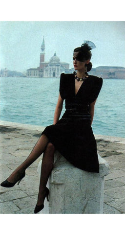 1983-84 F/W Smocked Sequin Black Crepe Cocktail Dress