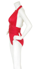 1980s Red Plunge Neck Halter Swimsuit
