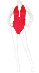 1980s Red Plunge Neck Halter Swimsuit